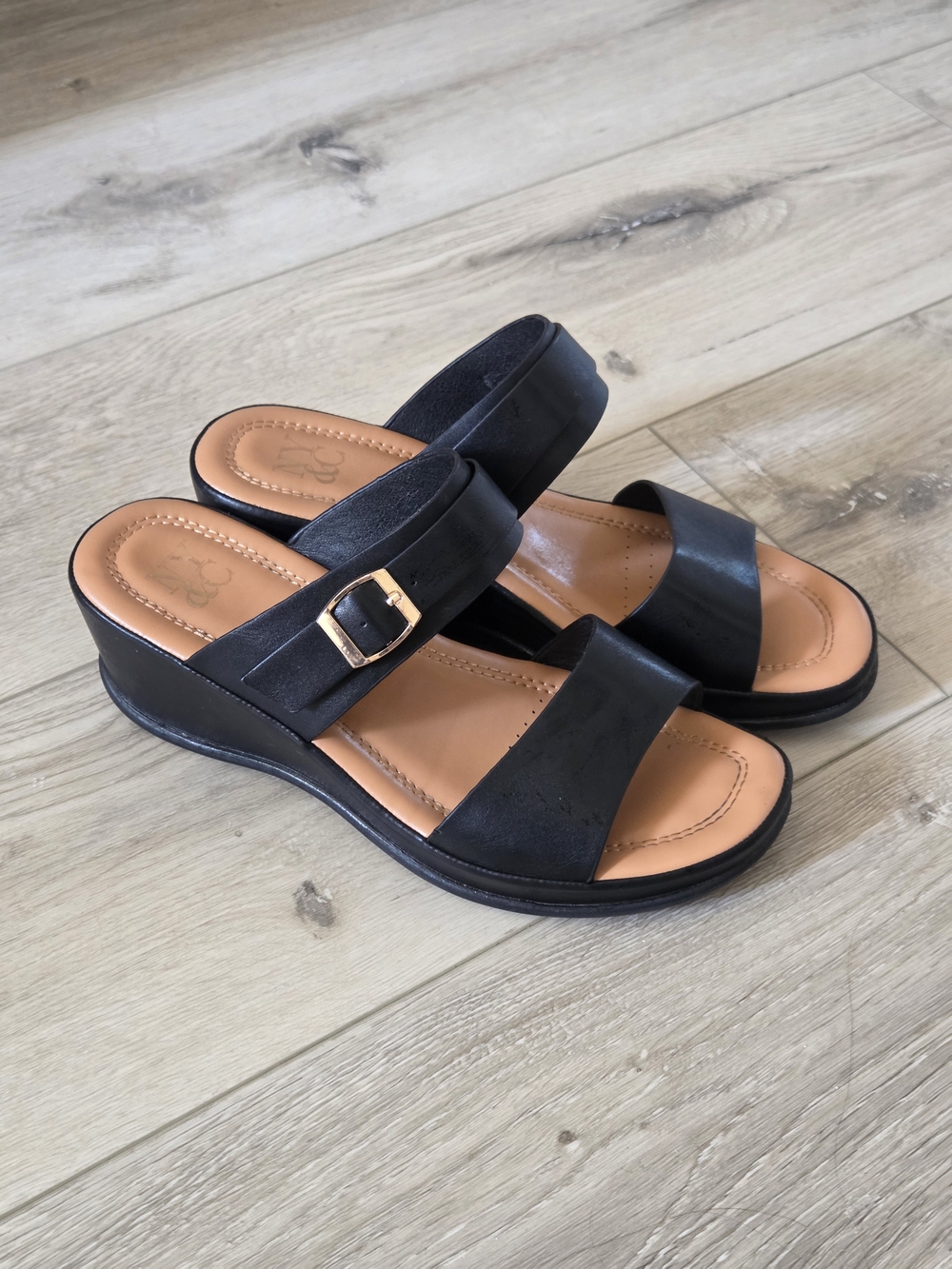 New York & Company Black Wedge Sandals with Gold Buckle